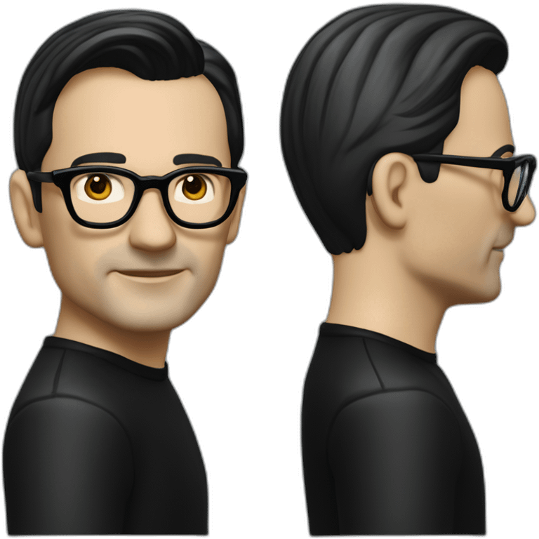 small photo realistic Ralf Hutter from Kraftwerk, short straight black hair, Dark Brown eyes, black glasses, thin, black shirt, side view, waving emoji