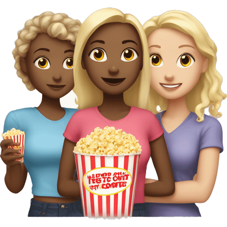 2 blonde girls and 1 mixed race girl in the middle watching movie with popcorn emoji