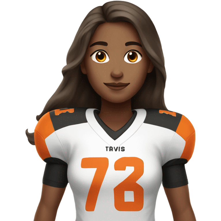 Girl with long brown hair, wearing orange and black football jersey emoji