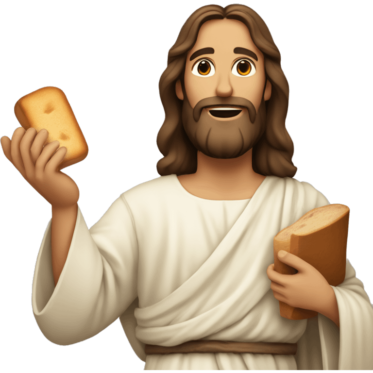 Jesus offering a loaf of bread with one hand and a glass of water with the other emoji