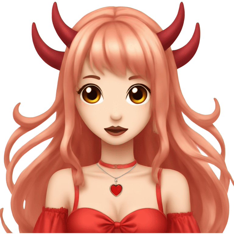 hime gyaru girl, devil horns, red long hair, red dress emoji