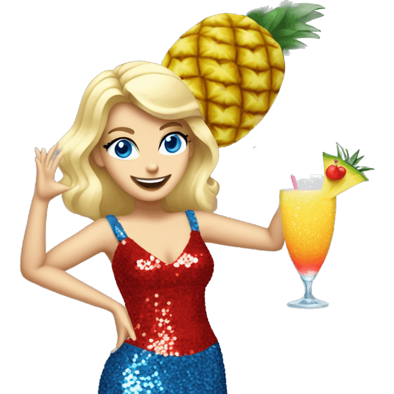 blonde white woman with blue eyes dancing in short red sequin dress while holding pineapple cocktail emoji