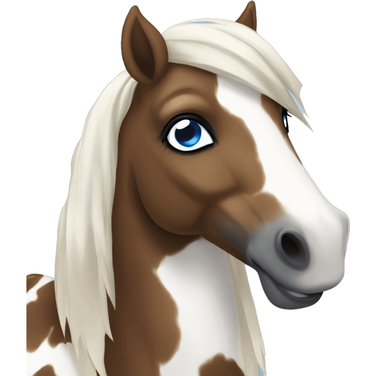 Brown and white spotted pony with black hair and blue eye emoji