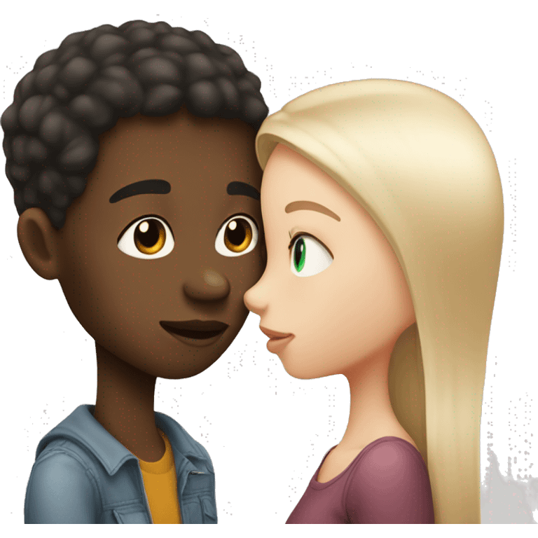 An African-American boy kissing a girl has white skin and straight hair emoji