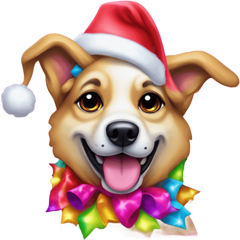 Lisa frank Christmas dog with Santa hat emoji