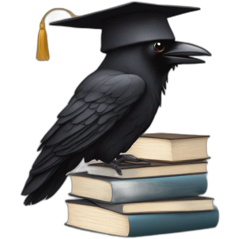 raven in student cap with a stack of gray and brown books emoji