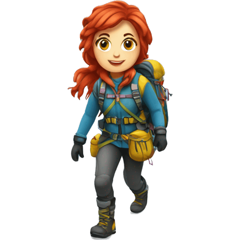 Female winter mountain climber red hair climbing with Greek and EU flags and Easter eggs basket emoji