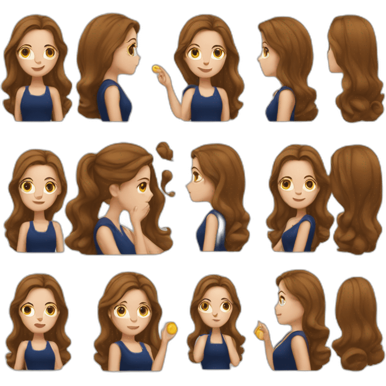 A white woman with brown hair, making an air kiss, wearing long earrings and a dark blue dress emoji