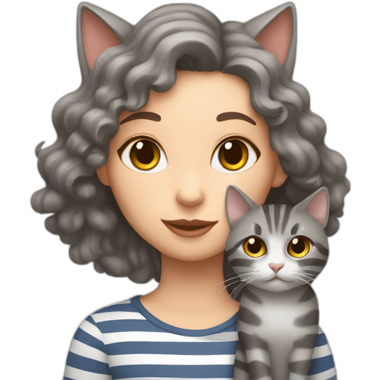 Grey cat with stripes sit near a girl with brown curly hair emoji