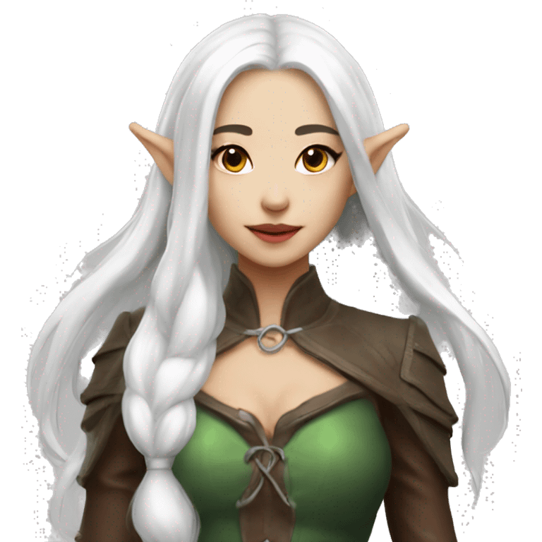 Asian feminine full body slim long white hair elf leather costume emoji