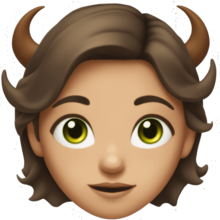 A girl with green eyes and brown hair shows a fac. The girl has demon horns on her head emoji