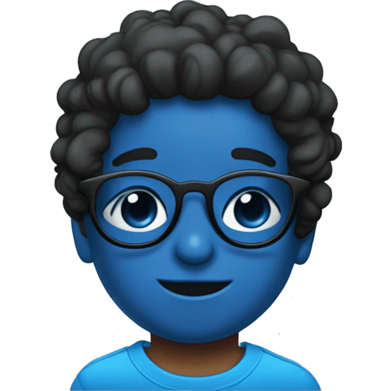 Niño con el pelo negro Y corto gafas azules una camiseta azul con un dibujo  emoji