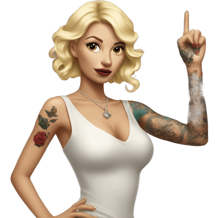 Blonde elegant women, her Body Covered with Tattoos, POINTING YOU with her ONE HAND , Hyper realistic emoji