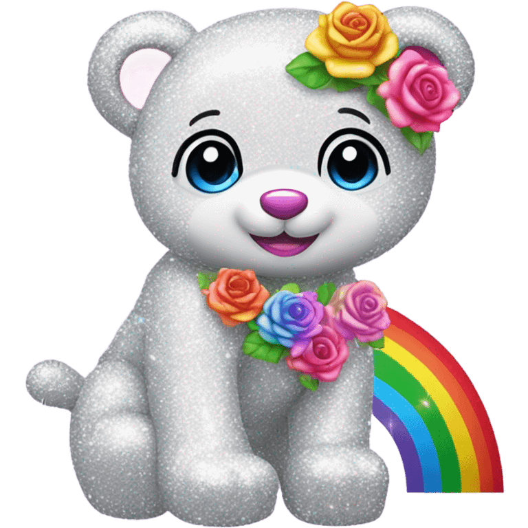 Lisa frank white glitter bear with rainbow roses emoji