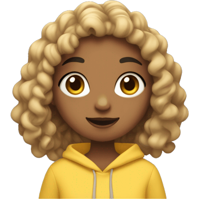 Girl wearing yellow hoodie with black coloured wavy curly hair (2 braids) and bangs eating blueberries. She is not black or white she is south Asian so light brown emoji