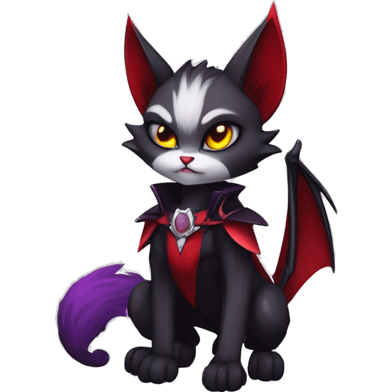 Anthro-Cute-Edgy-Cool-Vampiric-Batty-Cat-Black-Purple-Red-Grey-White-Yellow-Contrast-Colors-Fantasy-Fur-Sona-Chibi-Shiny-Fakémon-Hybrid with horns and fangs and collar full body emoji