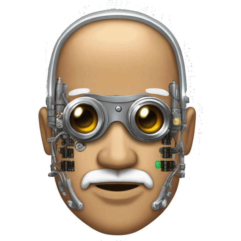 Tan bald male Latino cyborg head with grey beard, silver steampunk monocle goggles and circuits emoji