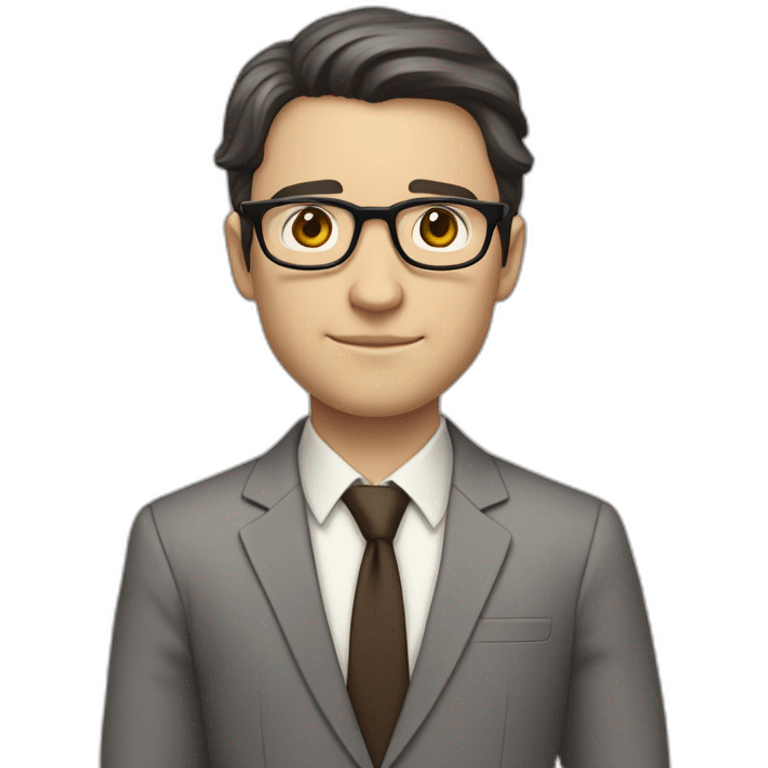 Full height Pale skinned Fit Man With dark brown hair in classic gray suit, beige office shirt, dark gray tie, and vintage glasses. His right hand is directed up emoji