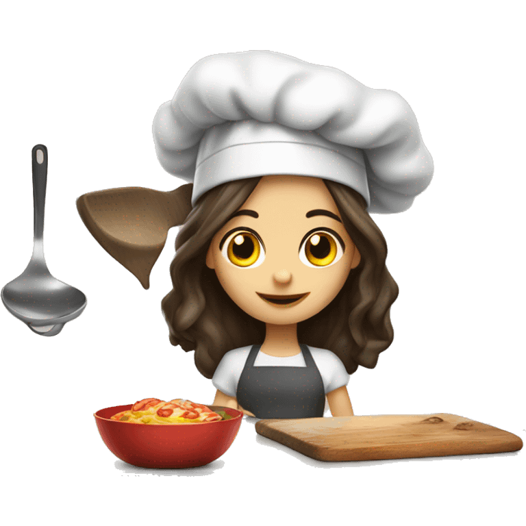 Brunette long haired girl in a cook hat makes dinner  emoji