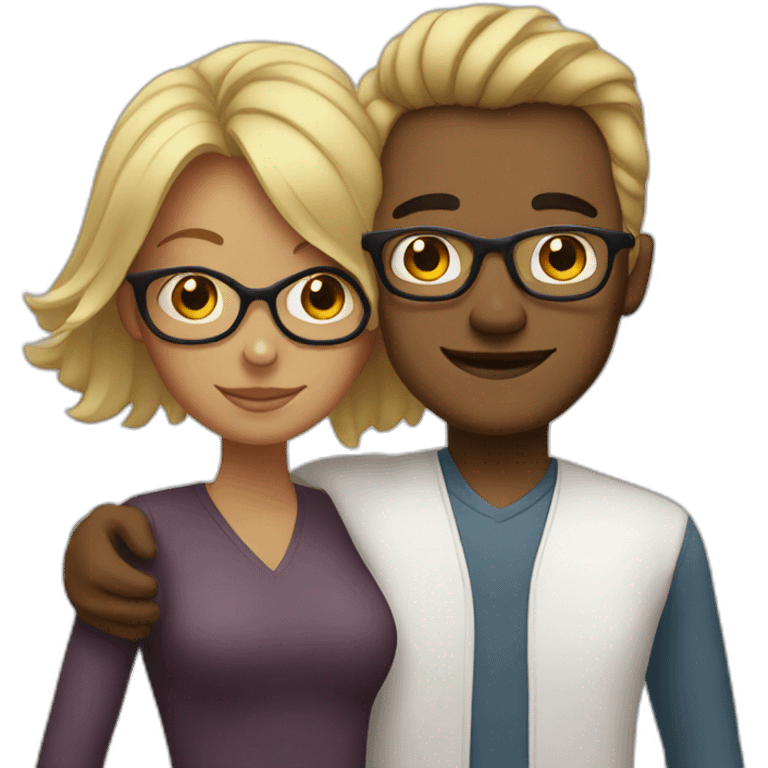 blonde woman and brown man with glasses that make a hug emoji