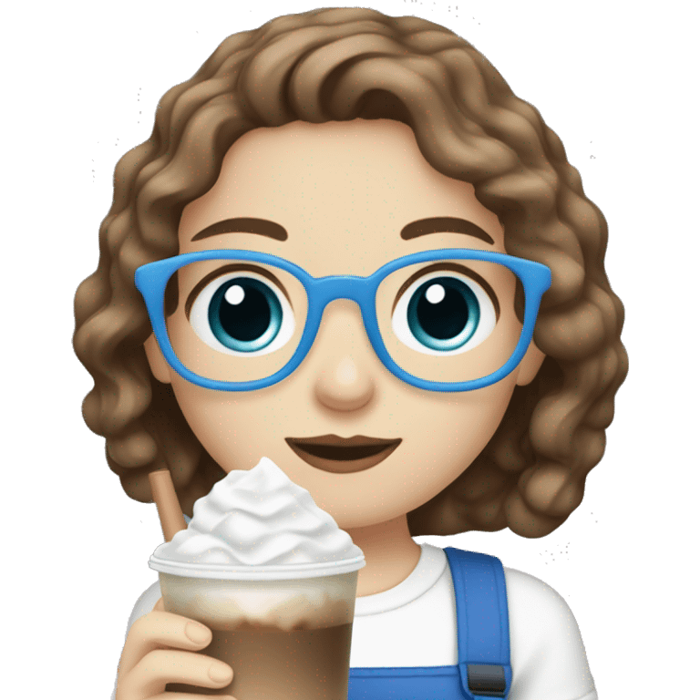 Pale skin girl with brown wavy hair and blue eyes drinking ice latte  emoji