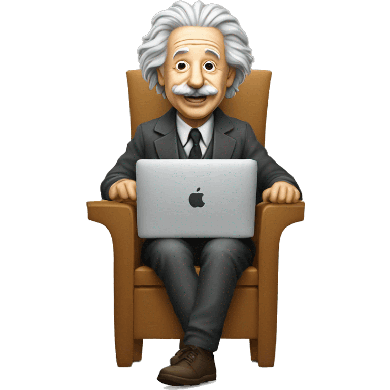 albert einstein happy sitting in the chair with apple macbook emoji