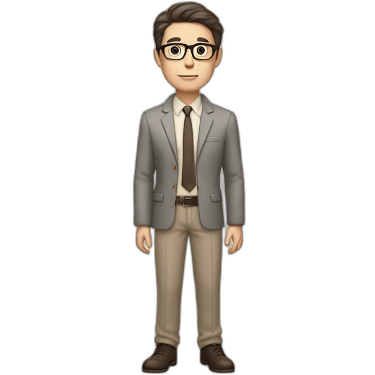 Full height Pale skinned Fit Man With dark brown hair in gray jacket, beige office shirt, tie, Brown pants and vintage glasses. Thrumbs of his palms directed up emoji