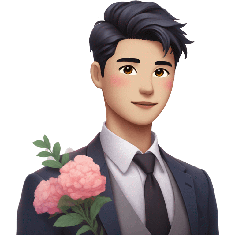 Gorgeous romantic anime style Asian formal modern gentlemanly guy with flowers and blushing face aesthetic trending style outside with colorful gradient colors emoji