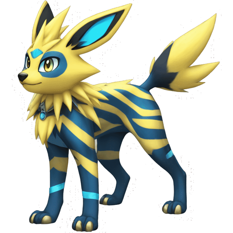 Anthro Edgy Cool Zeraora-Lombax-Jolteon-Pokémon-Fakémon with shiny blue stripes Full Body Detailed High Quality emoji