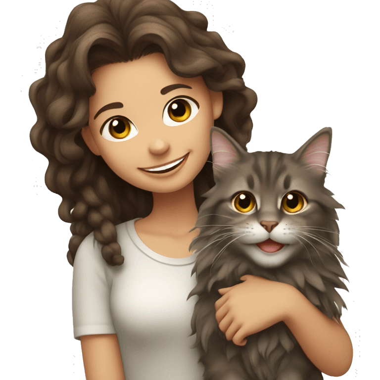 smiling brunette girl with Maine coon cat emoji