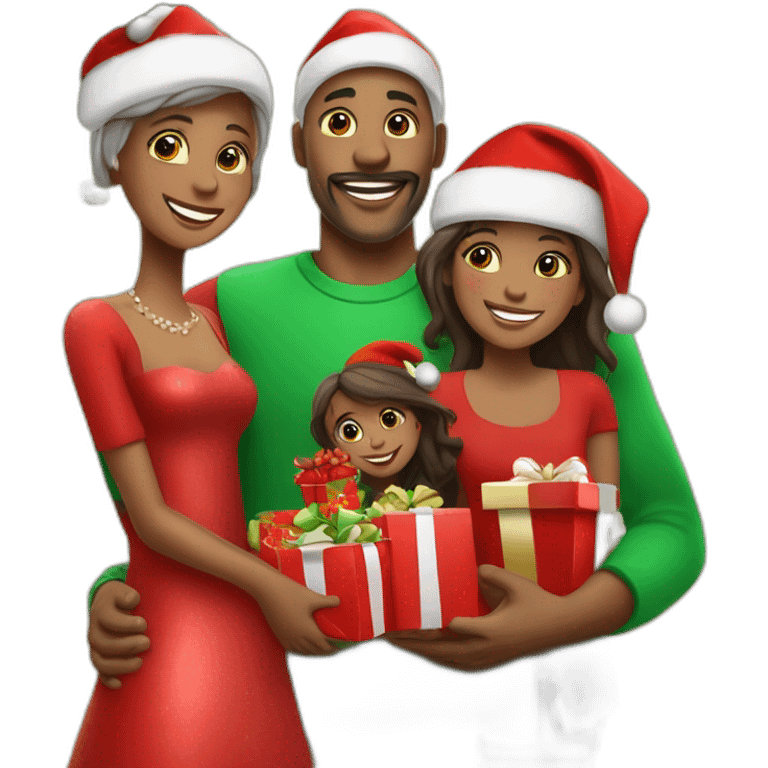 happy family with red cristmas dress and gifts under cristmas tree emoji