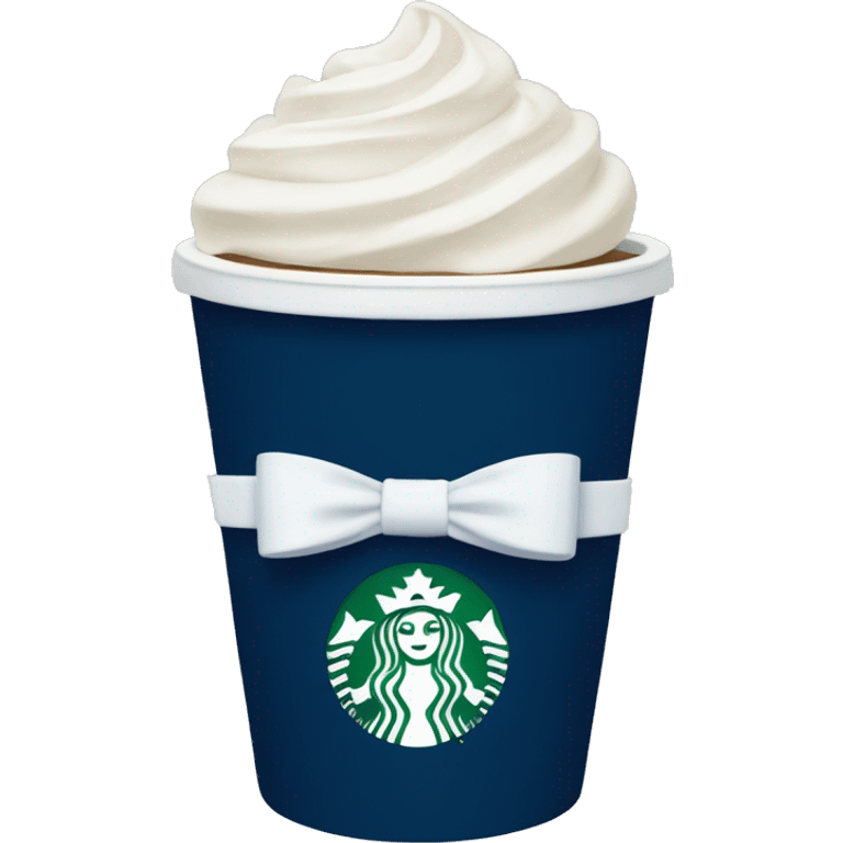 Navy blue Starbucks cup with a white bow around it  emoji