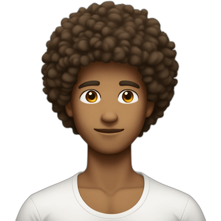 tan guy with brown eyes and a messy afro that has the sides cut off, wearing a white tee and a cross necklace emoji