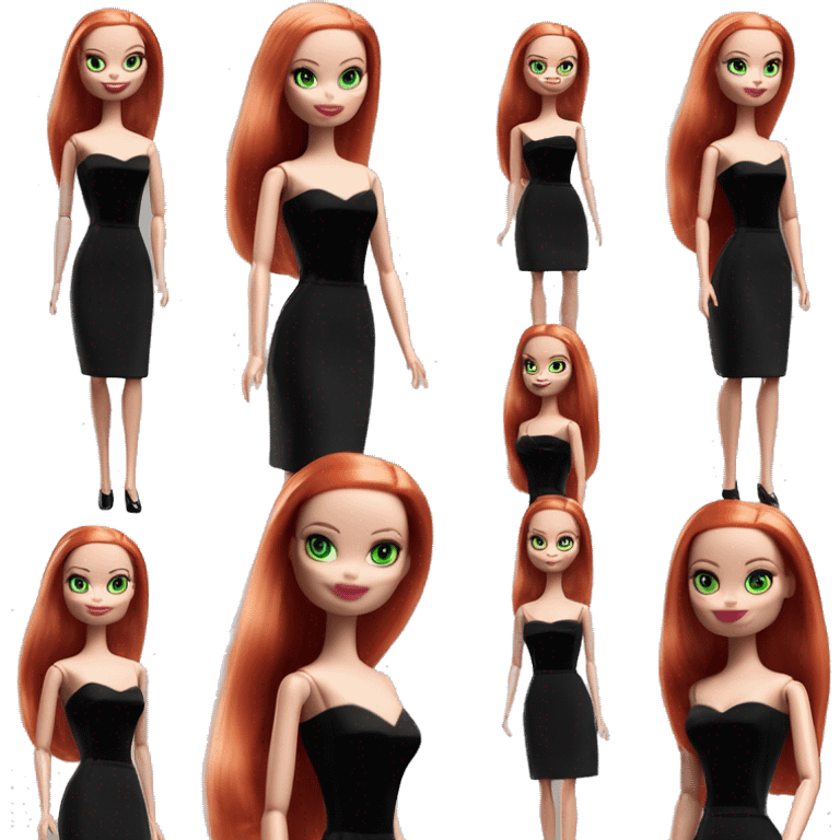  Bunny Wednesday Addams Barbie dancing.  Green eyes with light complexion face. Longer red hair. black flowing strapless tight evening gown with  plunging neckline that’s off-the-shoulders that also shows her legs and black shiny velvet high heel shoes. emoji