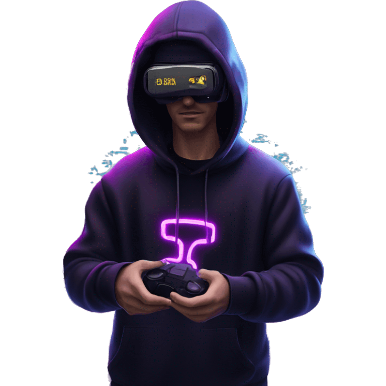 Russian man wearing a black hoodie with "OMG" letters on it and VR headset in a cyberpunk VR environment with violet neon lighting. emoji