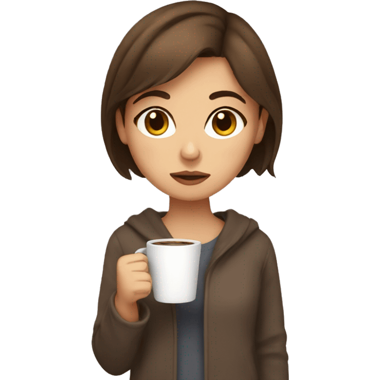 Sleepy brown haired girl with brown eyes holding coffee  emoji