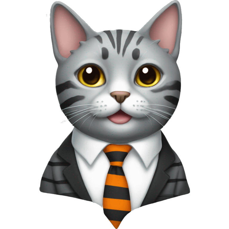 Grey striped cat wearing a Halloween tie emoji