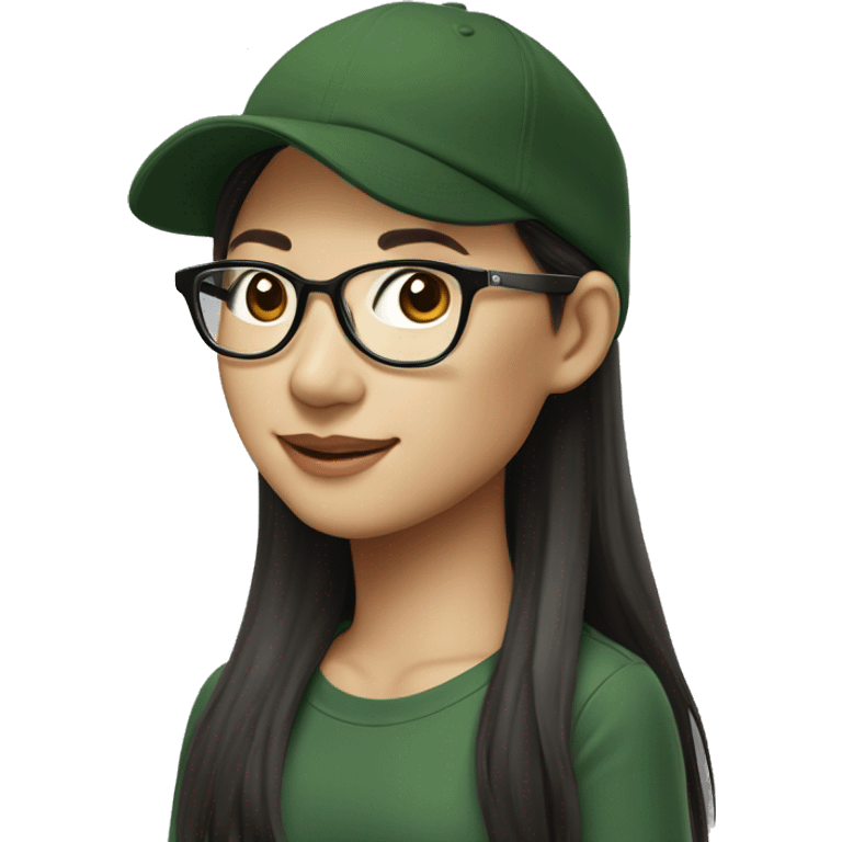 Hyper realistic, look from side, asian adult woman, light white skin, smiling with teeth, black eyes, spotted frame glasses, long brown straight hair with highlighted strands, black T-shirt, dark green cap. emoji