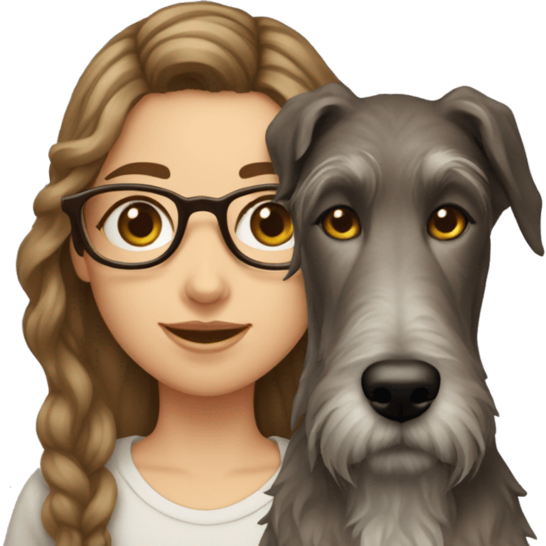 Brown wavy hair girl with glasses and an Irish wolfhound dog emoji