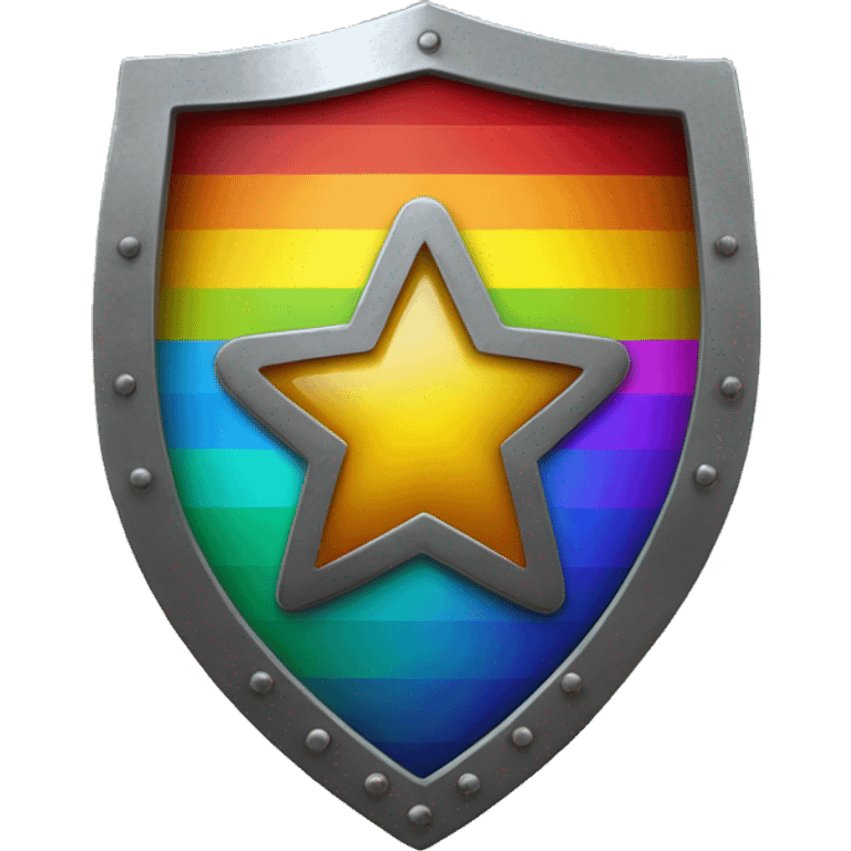 A circle metal shield that has a star in the middle and has rainbow stripes along the outside  emoji