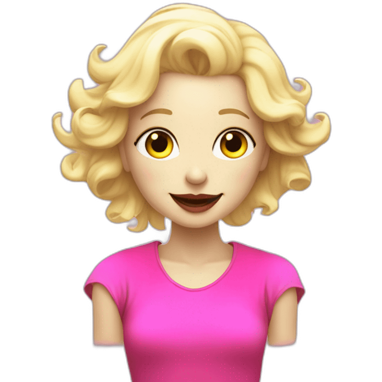 Joyful white humanoid with a fluorescent and playful pink shirt, passionate about programming and art, blond hair red lip round and black bezel emoji