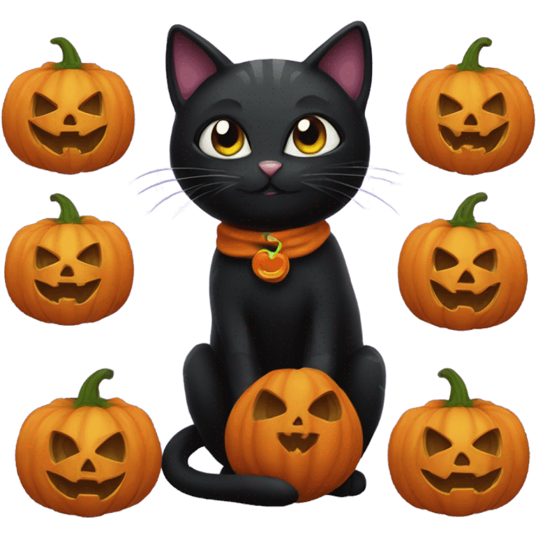 Black cat sitting in a Halloween pumpkin emoji