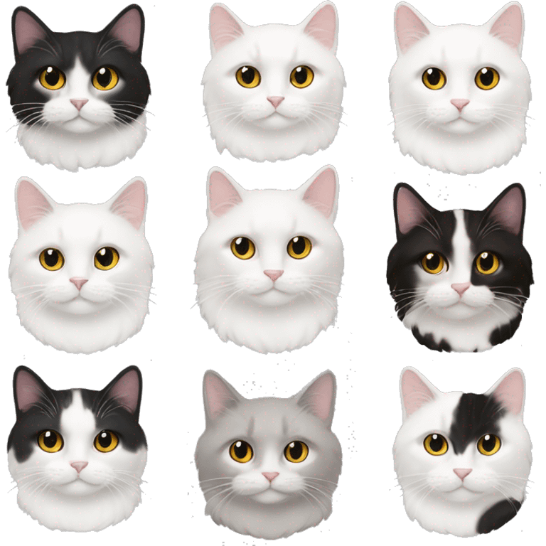 8 gatos 3 negros 2 blancos y negros 3 blancos con manchas de colores emoji