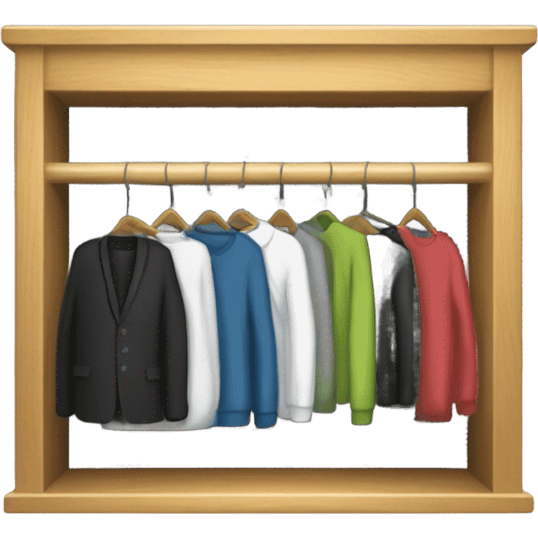 Design an emoji-style icon of an open wardrobe with clothes hanging inside. Include details like a wooden frame, hangers, and black clothing items such as shirts or any other clothing . Use a clean and minimalistic design. emoji