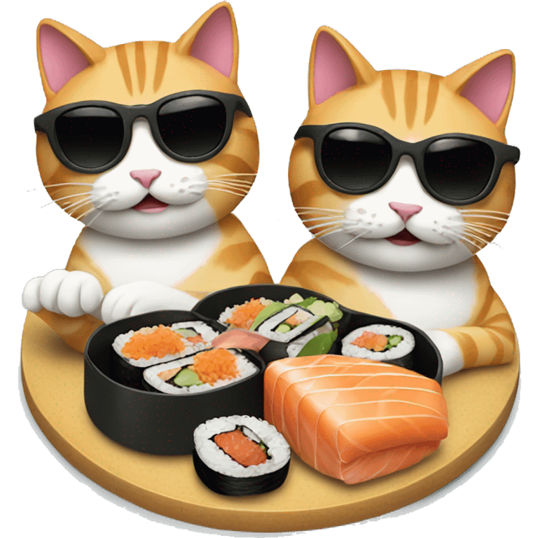 two cats wearing sunglasses eating sushi emoji