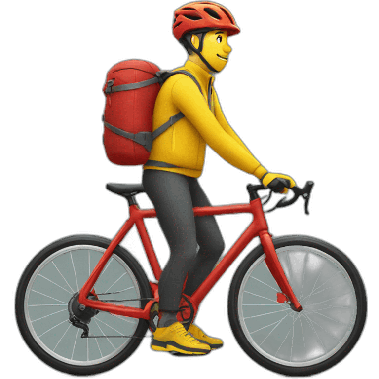 Homme en tenue jaune qui fait de la livraison à vélo avec un sac rouge cubique emoji