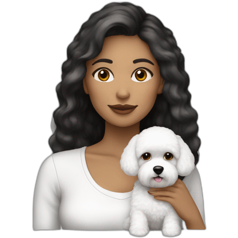 mujer piel blanca pelo largo negro y perro bichon blanco emoji