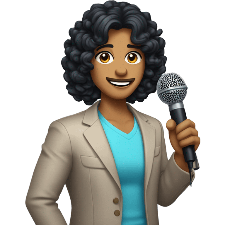 A game show host with shoulder-length curly black hair and tanned skin holding a microphone emoji