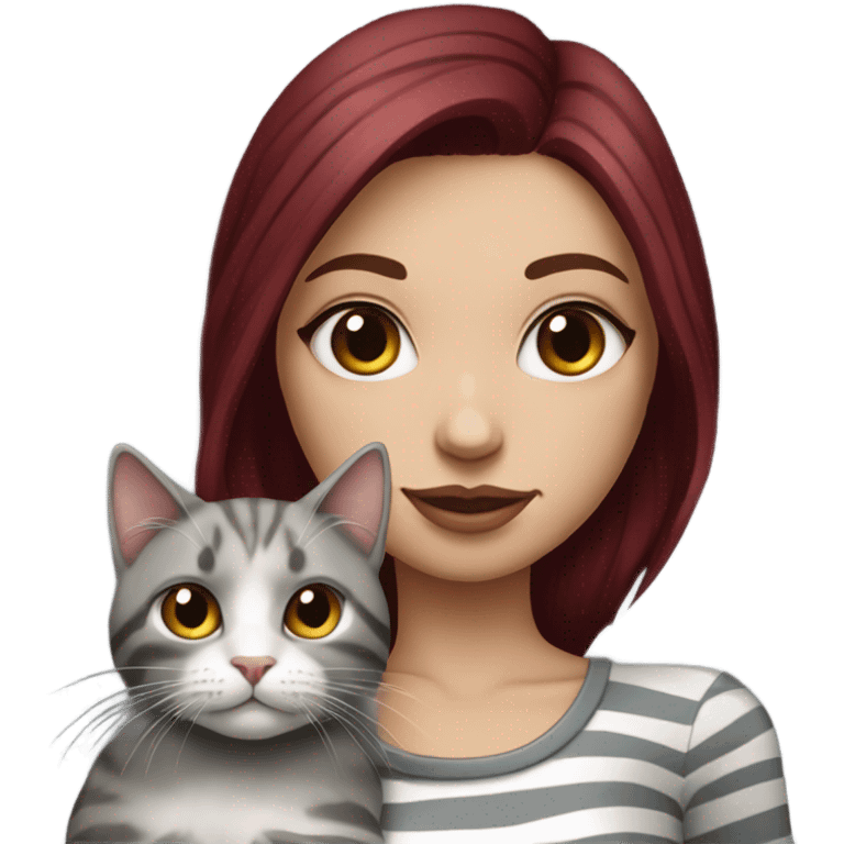 Beautiful burgundy haired tattooed woman holding gray and white striped long hair cat emoji