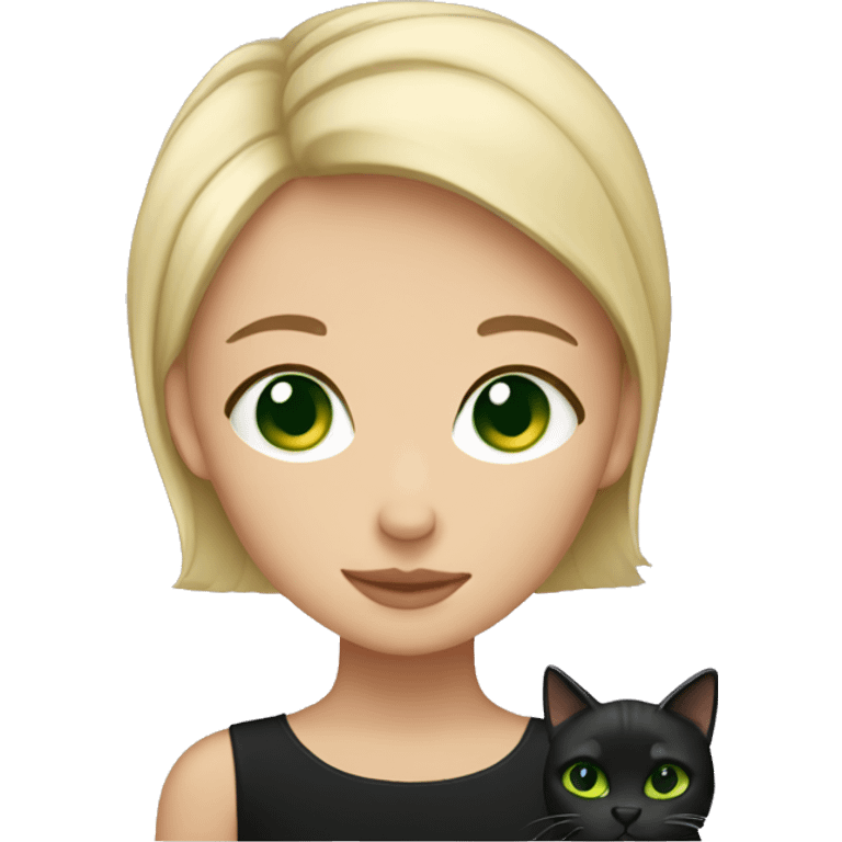 short hair blonde girl with green eyes cuddling black cat emoji